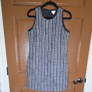 J. Crew- Blue & tan tweed textured sleeveless dress, side pockets Sz 4.